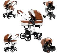 Veitoalioy Cuir PU Poussette 3 en 1, Portable Poussette Bebe Pliante, Haute vue Poussette Poussant Avant Et Arrière, Système De Voyage Pour Bébé (518 Khaki)