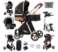 Veitoalioy Poussette 3 en 1, Haute vue Poussette Bebe Pliante Pliable, Poussant Avant Et Arrière En Aluminium Mode de freinage à un clic, Système De Voyage Pour Bébé (FV9 Black Gold)