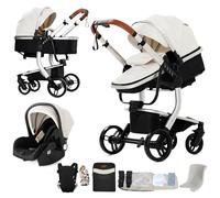 Veitoalioy Poussette combinée 3 en 1 en cuir synthétique - Poussette combinée confortable 3 en 1 - Kit complet - Aluminium haute paysage - Poussette pliable (518 blanc)