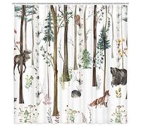 VeiVian Rideau de Douche Rustique pour Salle de Bain, cabane en forêt, Chasse champêtre, Animaux Sauvages, Ours, élan, cerf, Renard en forêt, 188 x 188 cm avec 12 Crochets
