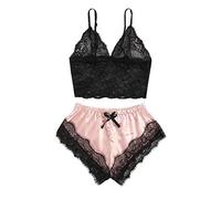 vejtmcc Bat Femmes autour Dentelle Bowknot Col V Polymère Satin Sous-vêtements Camisole Short Court Ensemble Lingerie Top Femme, Rose, XXXL