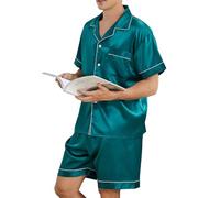 vejtmcc Pyjama court en satin pour homme - Deux pièces - Avec boutonnière - Bouton Down + short avec poche - Combinaison classique - Vêtement de nuit en soie - Pyjama d'été, vert, M