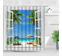 VEKETE Tropical Paysage Rideau De Douche 3D Fenêtre Ouverte Océan Plage Étoile De Mer Coquillage Palmier Paysage Étanche Salle De Bains Décor Rideaux,7,Votre Image/Photo