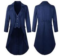 Vekewsap Veste mi-saison longue vintage pour homme - Coupe-vent - Veste victorienne - Costume steampunk gothique - Uniforme, Renaissance, pirate, vampire, fête, cosplay, bleu, L