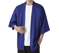 Vekewsap Yukata Haori Cardigan Noragi pour homme Veste de mi-saison Cardigan japonais Respirant Kimono Samouraï Vêtements légers Peignoir ouvert à l'avant Manteaux Pyjama Chemise de nuit, bleu, L