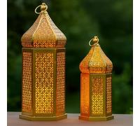 VELA LANTERNS Golden Tower - Lot de 2 lanternes marocaines décoratives pour décorations du Ramadan, à suspendre, terrasse ou porche, décoration d'intérieur, doré, taille S (27,9 cm et 38,1 cm L)
