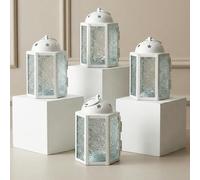 VELA LANTERNS Lot de 4 mini lanternes marocaines pour bougie chauffe-plat - 10,8 cm - Petite lanterne décorative à poser ou à suspendre - Métal avec panneaux de verre - Ramadan, mariage, décoration