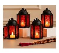 VELA LANTERNS Lot de 4 mini lanternes marocaines pour bougie chauffe-plat - 10,8 cm - Petite lanterne décorative à poser ou à suspendre - Métal avec panneaux de verre - Ramadan, mariage, décoration