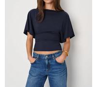Vela Rue T-shirt ajusté en maille élastique bleu marine, grande taille, couleur unie, manches chauve-souris, col bateau, avec nœud à la taille, pour les trajets, le travail, l'école, la fête des ensei