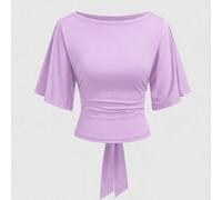 Vela Rue T-shirt bleu marine en maille élastique, coupe slim, col bateau, manches chauve-souris, nœud à la taille, couleur unie, pour le trajet, le travail, la fête des enseignants, décontracté d'été 