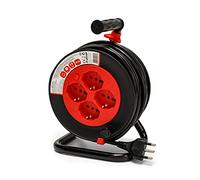 Velamp REEL-IT-15 Rallonge électrique avec enrouleur de câble 15 m. 4 prises polyvalentes (Schuko + 10/16A) et grande fiche 16 A. Max 3200 W avec protection. Support métallique, Noir/Rouge