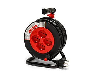 VELAMP REEL-IT-15 Rallonge électrique avec enrouleur de câble 4 prises polyvalentes (Schuko + 10/16 A) + Grande fiche 16 A, avec protection, section câble 3G1,5 mm², noir/rouge, 15 mètres