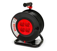 VELAMP REEL-IT-25 Rallonge électrique avec enrouleur de câble 4 prises polyvalentes (Schuko + 10/16 A) + fiche large 16 A, avec protection, section câble 3G1,5 mm2, noir/rouge, 25 mètres