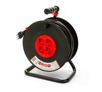 VELAMP REEL-IT-50 Rallonge électrique avec enrouleur de câble 4 prises polyvalentes (Schuko + 10/16 A) + fiche large 16 A, avec protection, section câble 3G1,5 mm2, noir/rouge, 50 mètres