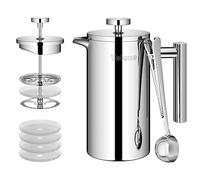 Velaze Cafetière à Piston en Acier Inoxydable 350ML, pour 2 Tasses, Double paroi Cafetiere café avec 5 Flitres et cuillère-S