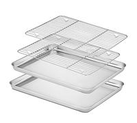 Velaze Plaque Pâtisserie et Grille INOX, Plaque de Cuisson avec Volette de 4 Pcs, Plateau Patisserie sans Revêtement, Plat à Rôtir de 40cm x 30cm