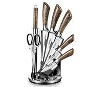 Velaze Set de Couteaux Cuisine, Couteaux en Acier Inoxydable de 8 Pièces, Bloc Couteaux Professionnels avec Support, Aiguiseur et Ciseau, Set de Couteaux de Cuisine avec Manche Ergonomique