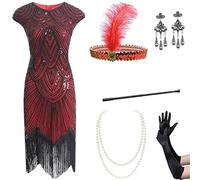 Velcoxplay Robe à paillettes années 1920 pour femme avec paillettes, perles et franges, avec ensemble d'accessoires des années 20, bordeaux, taille XL