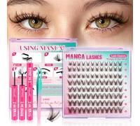 Veleasha Manga Lot de grappes de cils marron foncé avec design à pointes naturelles pour débutants avec colle à cils blanche imperméable longue durée et pince à épiler de précision (rosée)
