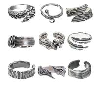 VELESAY 9PCS Bague Homme Vintage Ajustable Rock Bague Steampunk Gothique Retro Bague Cuivre Antique Bague Aile d'ange