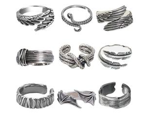 VELESAY 9PCS Bagues Homme Vintage Ajustable Rock Steampunk Gothique Retro Cuivre Antique Aile d'ange
