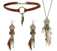 VELESAY Boho Bijoux Ensemble pour Femmes Vintage Boheme Plume Pendentif Boucles d'oreilles Attrape-Rêves Cuir Collier Rétro Turquoise Collier Boho Tribal Bijoux Cadeau