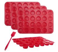 Velicber 4 Pièces Mini Moule Silicone pour 24 Muffins, Anti-AdhéSif Muffin Moule con Brosse a Huile, Moules Mini Cupcake Sans BPA Lave-Vaisselle pour Muffins, Gâteaux, 34 x 23 x 3.5cm (Rouge)