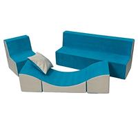 Velinda Ensemble de Meubles Enfant: Fauteuil+canapé+Pouf dépliant (Chaise Longue) (Couleur: Bleu-Beige)