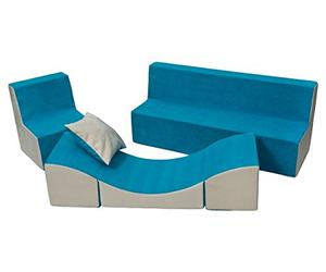 Velinda Ensemble de Meubles Enfant: Fauteuil+canapé+Pouf dépliant (Chaise Longue) (Couleur: Bleu-Beige)