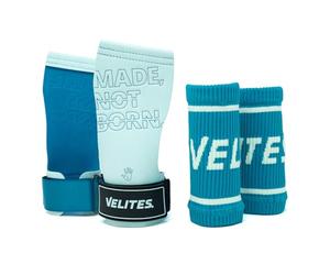 Velites I Quad Pro Manique de Musculation I Professionnel Cross Training ou Gymnastique I Convient à toute surface I S'utilise avec du magnésium I Comprend des bandes libres (Bleu clair, M)
