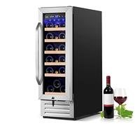 Velivi Réfrigérateur à vin de 30,5 cm, capacité de 18 bouteilles, autonome ou intégré, refroidissement par compresseur, acier inoxydable, lumière ambiante bleue, verrouillage de sécurité, étagères en