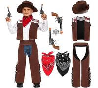 Velmawig Costume de cowboy pour enfant - Ensemble d'accessoires de luxe pour enfant - Costume de cowboy western - Police - Cosplay - Costume de carnaval - Avec chapeau sombrero, gilet, foulard -