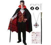 Velmawig Costume de vampire pour homme Renaissance, médiéval, gothique, royal, cosplay, Deluxe, avec dents de vampire, collier pour carnaval VL039XL