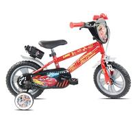 Vélo 12" Cars de Disney - 1 Frein - Pignon Fixe - Pneus Increvables EVA - Roues Bâtons - Plaque Avant décorative - 2 Stabilisateurs - Garde Boue - Carter de Protection - Porte Bidon et Bidon arrière