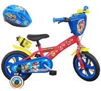 Vélo enfant - Modèle 12'' pour garçon de taille 85 à 100 cm équipé de 1 frein, 2 stabilisateurs, plaque avant décorative, bidon arrière + Casque Pat