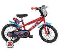 Velo 14 Pouces Spiderman équipé de 2 Freins, Plaque Avant décorative, bidon arrière, Roues à Rayons, pneus gonflables, stabilisateurs Amovibles et eclairages LEDs Inclus