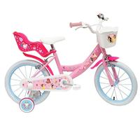 Vélo enfant - Modèle 16'' Princesses de Disney pour fille de taille 100 à 120 cm avec stabilisateurs, 2 freins & Panier avant et Porte poupée Rose & Blanc G