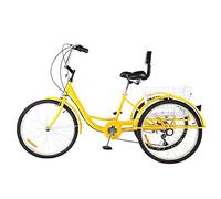 vélo à Trois Roues Tricycle Adulte 24 Pouces 7 Vitesses avec Dossier et Grand Panier for usages Multiples, Multicolore(Yellow)