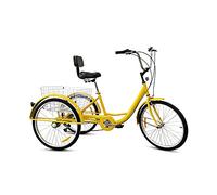 Vélo à Trois Roues Tricycle pour Adulte 24 Pouces, vélo de croisière à Trois Roues, vélo pour Adulte à 7 Vitesses avec Grand Panier pour Les Loisirs, Le Shopping, Le Cyclisme Jaune