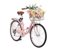 Vélo Croiseur-VEVOR-7 Vitesses Vélo de Plage Rose de 660 4 mm avec Panier de Grande Capacité Porte-bagages Arrière