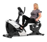 Hop-Sport Vélo d'appartement Semi-Allongé HS-070L Helix Avec Bluetooth & App, 16 Niveaux de Résistance, Masse d'inertie 18,5 kg, Siège réglable, Ordi multifonctionnel, Roulettes de transport, Poids max. 150 kg (Argenté) Argenté