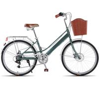 Vélo De Ville 24/26 Pouces, Vélo Beach Cruiser à 7 Vitesses, Cadre en Acier Au Carbone, Panier Avant Et Porte-Bagages Arrière, A, 24inch