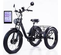 Vélo électrique à gros pneus de 24 pouces, puissant tricycle cargo électrique à trois roues 48 V pour adultes âgés, avec batterie amovible, écran LCD intelligent, klaxon, phare LED, 3 modes de condu