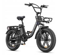 Vélo électrique adulte ENGWE L20 Boost Noir, autonomie de 126 km, pneus larges 20 x 4 pouces, dérailleur Shimano 7 vitesses, idéal pour la ville et les chemins.