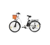 Vélo électrique DYU C6 26'' style stepper,batterie 36 V et 12,5 Ah, moteur 250 W. Vitesse maximale : 25 km/h, autonomie maximale : 60 km. Blanc.