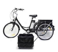 Vélo électrique Familial à 3 Roues,Tricycle éLectrique Pour Adulte Avec Panier/Batterie Amovible,Pneus De 24 Pouces,Avec SièGe Ou Panier De Traction,Charge Maximale:150 Kg,Black-WithPullBasket