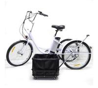 Vélo électrique Familial à 3 Roues,Tricycle éLectrique Pour Adulte Avec Panier/Batterie Amovible,Pneus De 24 Pouces,Avec SièGe Ou Panier De Traction,Charge Maximale:150 Kg,White-WithPullBasket