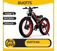 Vélo électrique intelligent DUOTTS N26, double moteur 750W×2, batterie 48V 20AH, pneus 26*4.0, autonomie 120 km, GPS Black red