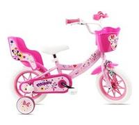Vélo enfant 12'' Minnie / Disney ( taille < 90/95 cm ) équipé de 1 frein avant, panier avant, porte poupée1 stabilisateurs Rose avec stickers