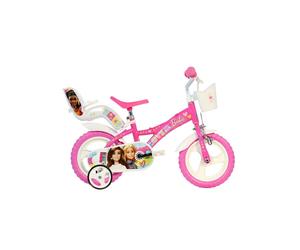 Vélo enfant 12 pouces Barbie Dino Bikes Barbie Rose et blanc, cadre acier, frein avant, pneus EVA anti-crevaison, roues stabilisatrices